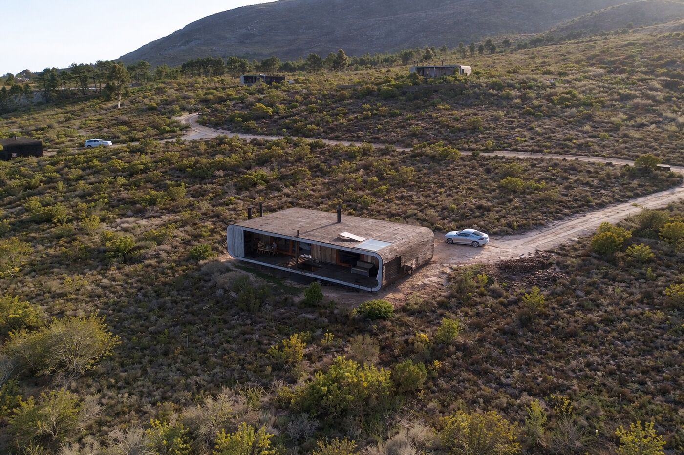 Aerial view of a modern off-grid house in the fynbos
